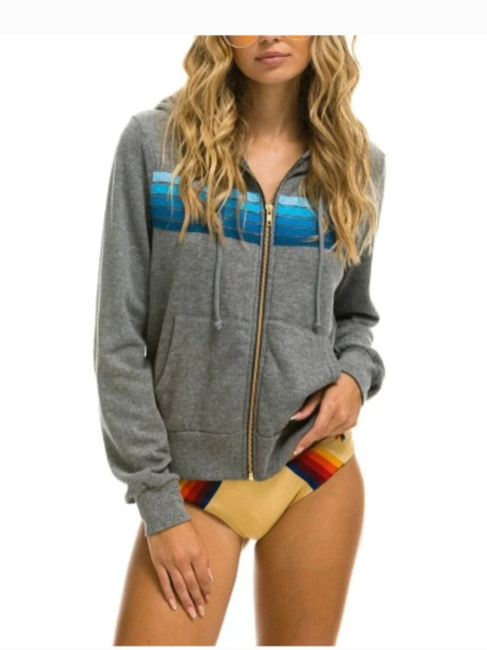 Aviator Nation 5 Stripe Full Zip Hoodie Heather Grey Blue Unisex Sz M